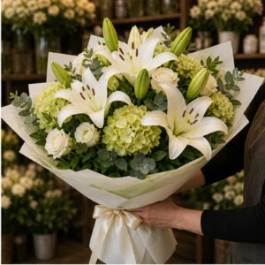 Buchet cu crini albi premium si hortensie verde - poza 2