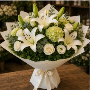 Buchet cu crini albi premium si hortensie verde - poza 3
