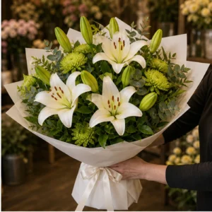 Buchet cu crini albi si crizanteme verzi - poza 2