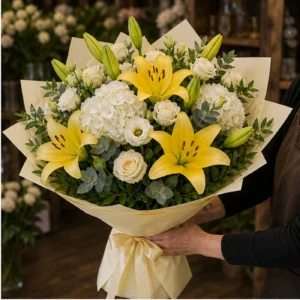 Buchet cu crini galbeni premium si hortensie alba - poza 2