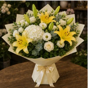 Buchet cu crini galbeni premium si hortensie alba - poza 3