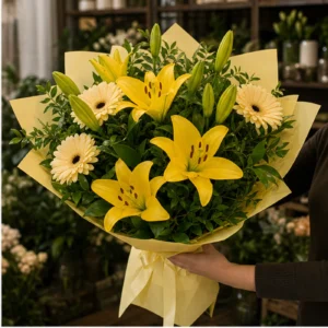 Buchet cu crini galbeni si gerbera crem - poza 2