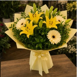 Buchet cu crini galbeni si gerbera crem - poza 3