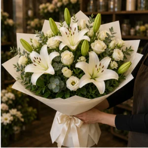 Buchet cu crini imperiali albi si lisianthus crem - poza 2