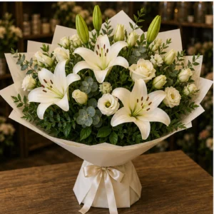 Buchet cu crini imperiali albi si lisianthus crem - poza 3