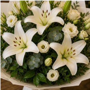 Buchet cu crini imperiali albi si lisianthus crem - poza 4
