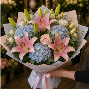 Buchet cu crini imperiali roz si hortensie bleu - poza 2