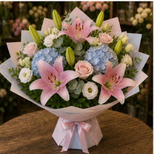 Buchet cu crini imperiali roz si hortensie bleu - poza 3