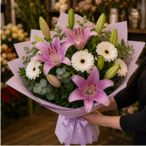Buchet cu crini lila si gerbera alba - poza 2