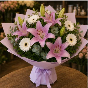 Buchet cu crini lila si gerbera alba - poza 3