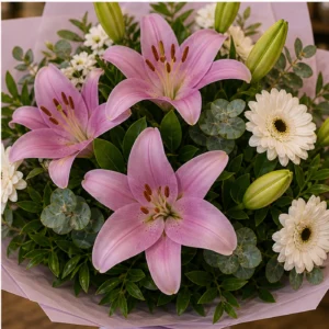 Buchet cu crini lila si gerbera alba - poza 4