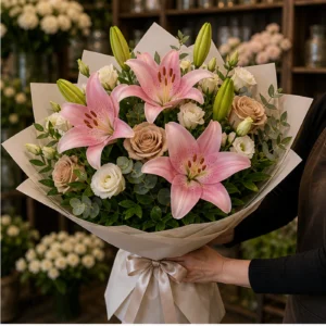Buchet cu crini roz premium si trandafiri cappuccino - poza 2