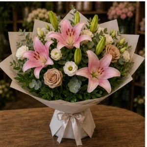 Buchet cu crini roz premium si trandafiri cappuccino - poza 3