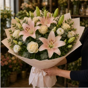 Buchet cu crini roz pudrat si trandafiri crem - poza 2