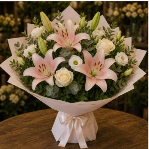 Buchet cu crini roz pudrat si trandafiri crem - poza 3