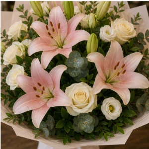 Buchet cu crini roz pudrat si trandafiri crem - poza 4