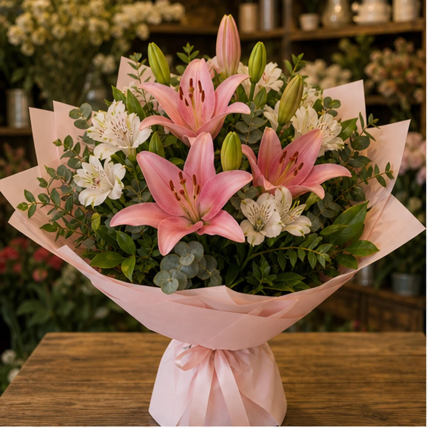 Buchet cu crini roz si alstroemeria alba - poza 1
