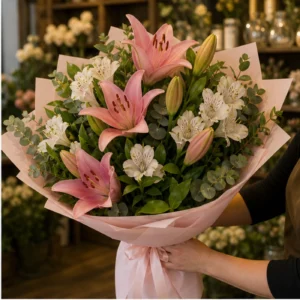 Buchet cu crini roz si alstroemeria alba - poza 2