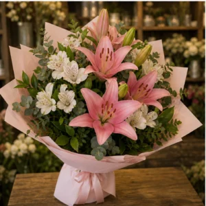 Buchet cu crini roz si alstroemeria alba - poza 3