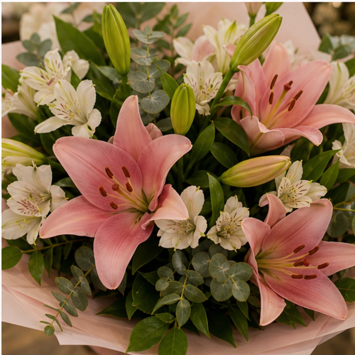Buchet cu crini roz si alstroemeria alba - poza 4