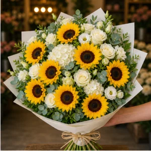 Buchet cu floarea-soarelui de lux si trandafiri albi - poza 2