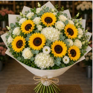 Buchet cu floarea-soarelui de lux si trandafiri albi - poza 3
