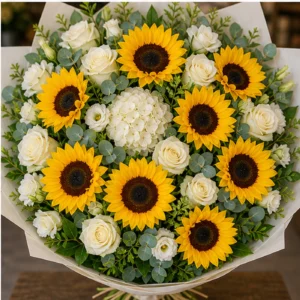 Buchet cu floarea-soarelui de lux si trandafiri albi - poza 4