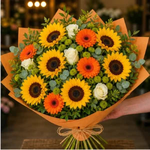 Buchet cu floarea-soarelui premium si gerbera portocalie - poza 2
