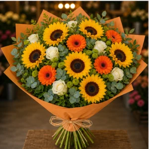 Buchet cu floarea-soarelui premium si gerbera portocalie - poza 3