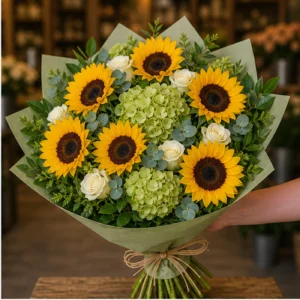 Buchet cu floarea-soarelui premium si hortensie verde - poza 2