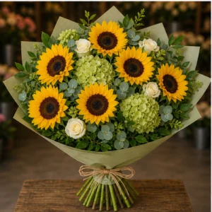 Buchet cu floarea-soarelui premium si hortensie verde - poza 3