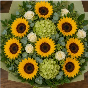 Buchet cu floarea-soarelui premium si hortensie verde - poza 4
