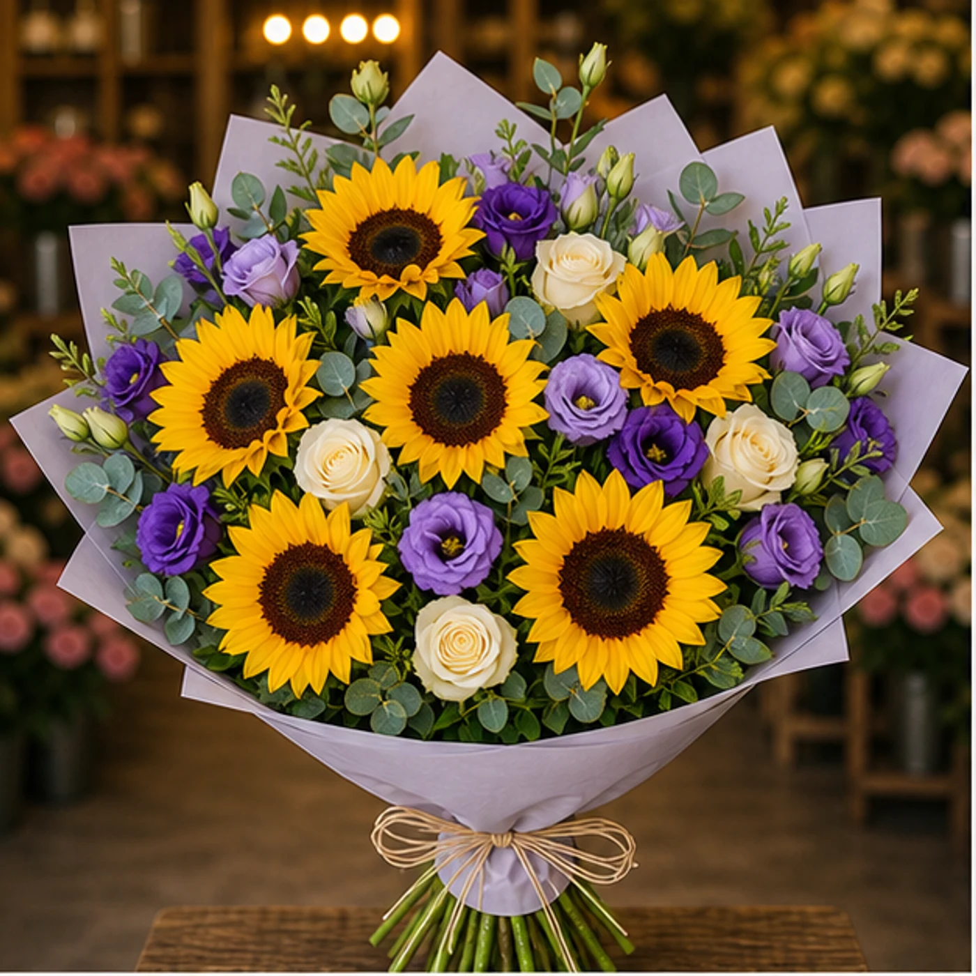 Buchet cu floarea-soarelui premium si lisianthus mov - poza 1