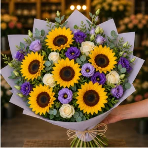 Buchet cu floarea-soarelui premium si lisianthus mov - poza 2