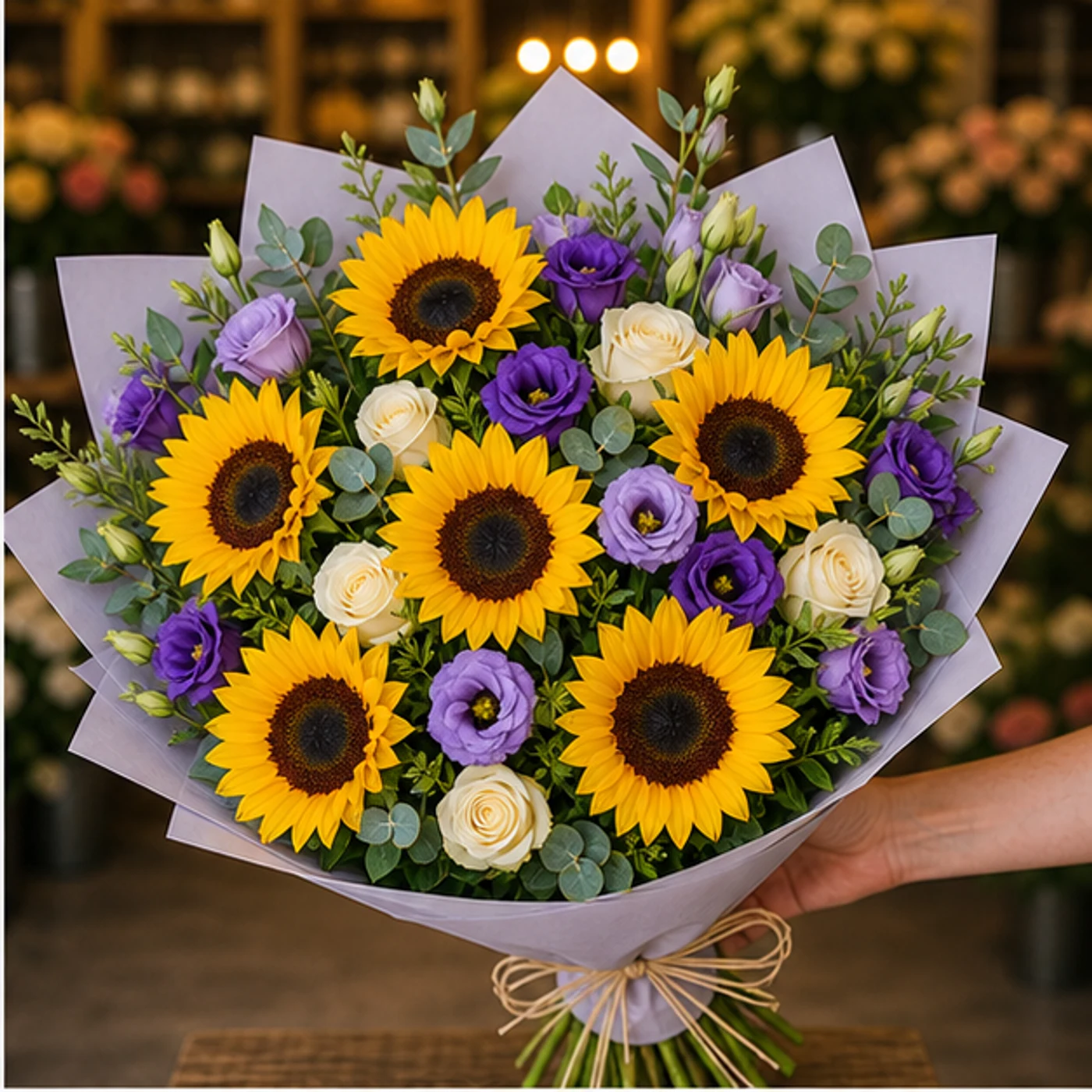 Buchet cu floarea-soarelui premium si lisianthus mov - poza 2