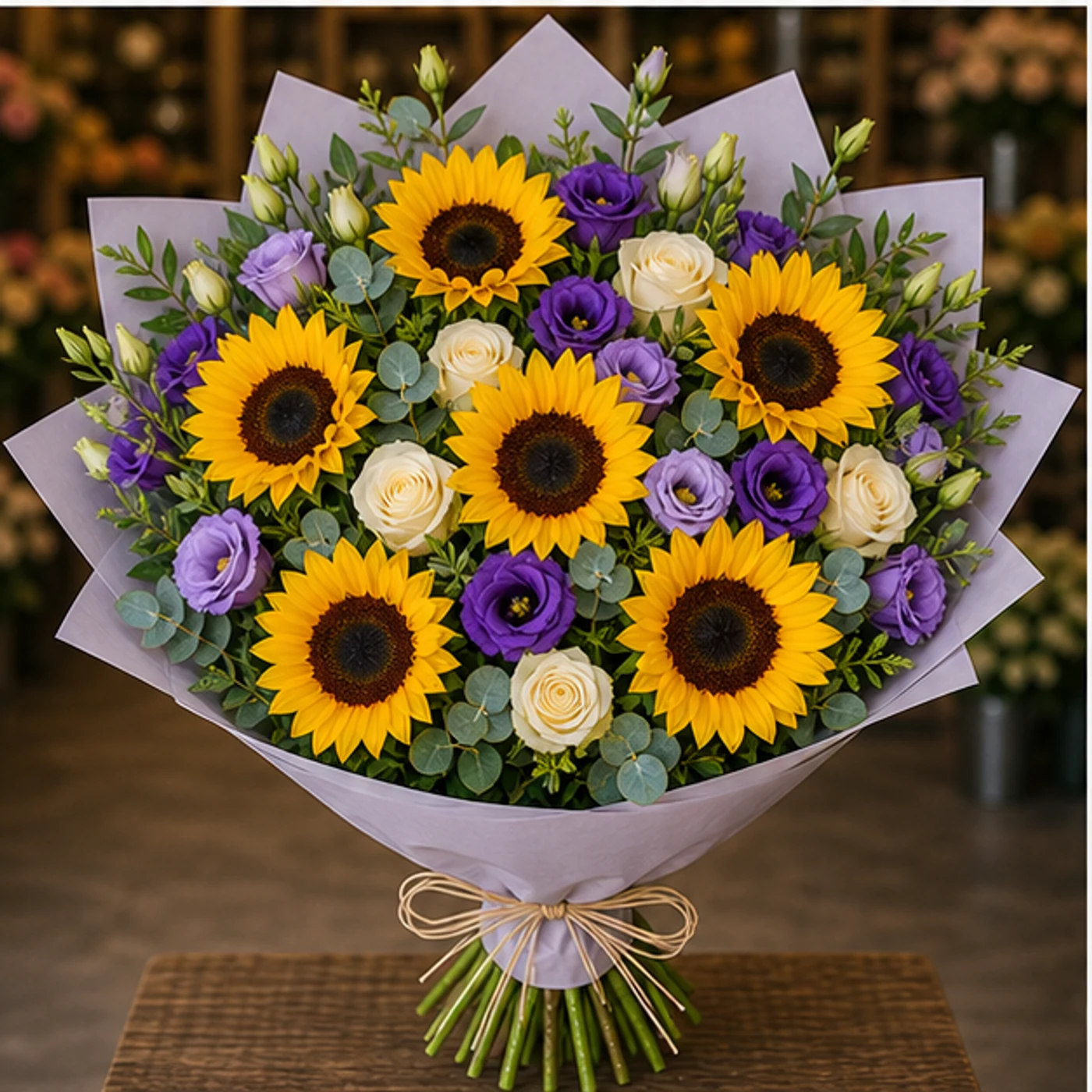 Buchet cu floarea-soarelui premium si lisianthus mov - poza 3