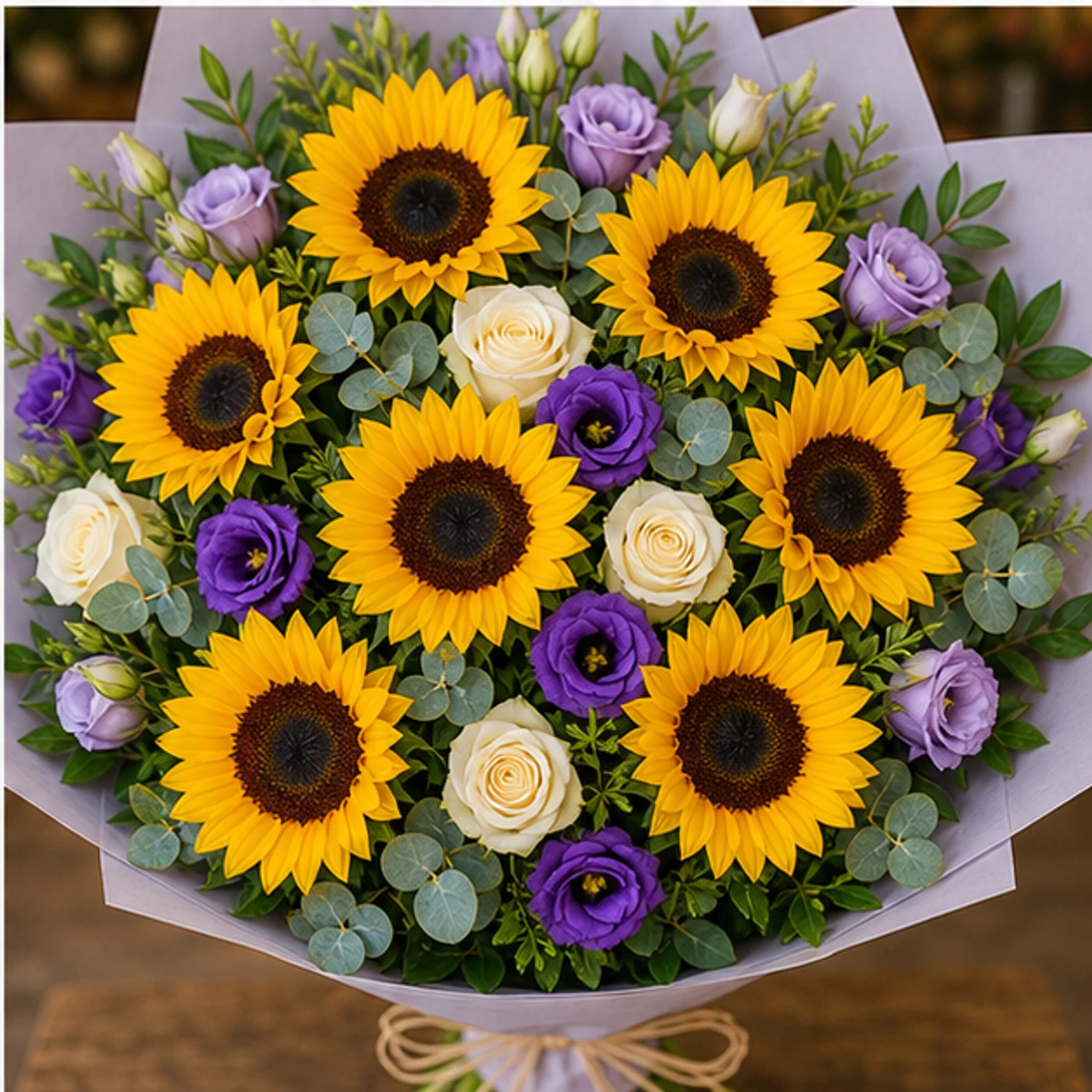 Buchet cu floarea-soarelui premium si lisianthus mov - poza 4
