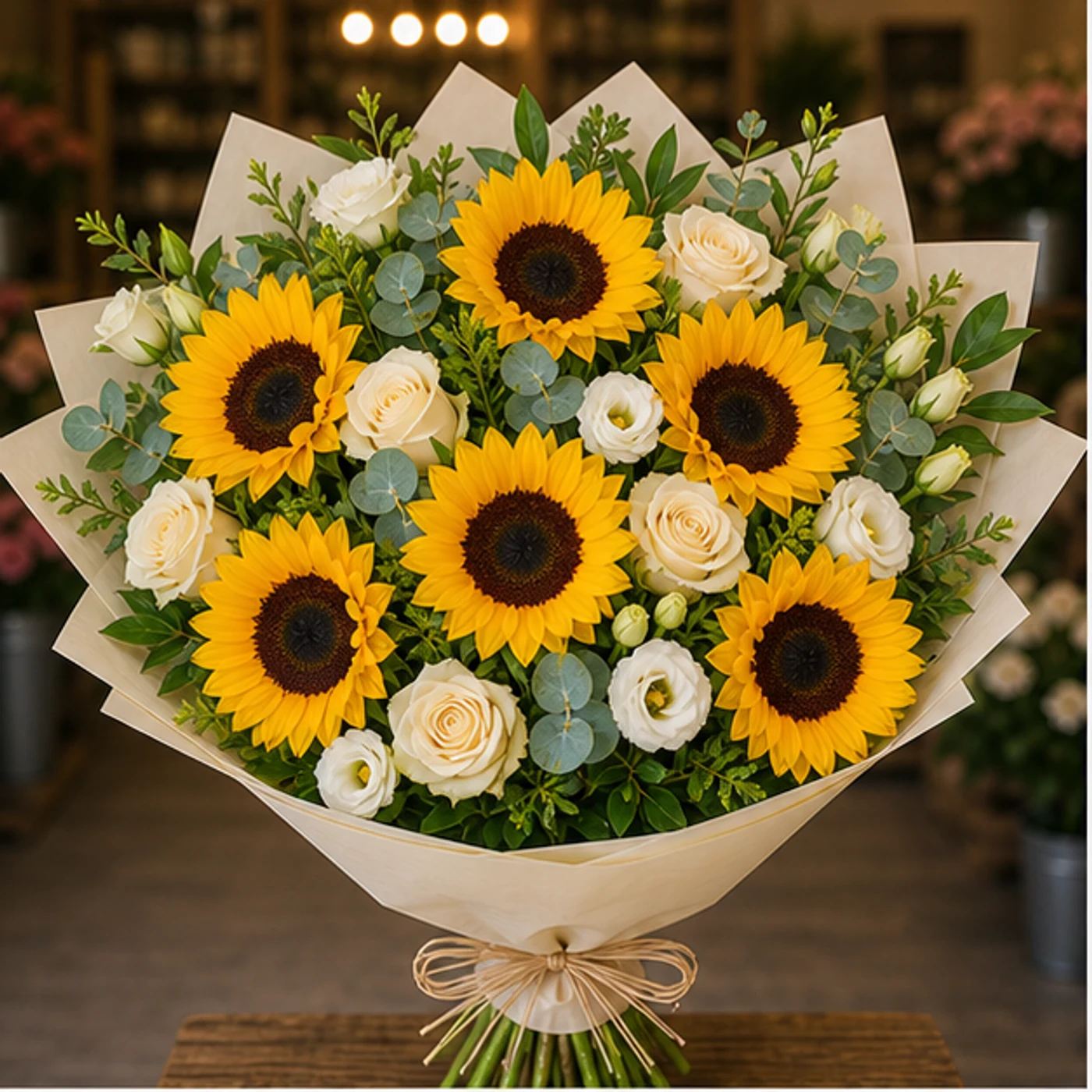 Buchet cu floarea-soarelui premium si trandafiri crem - poza 1