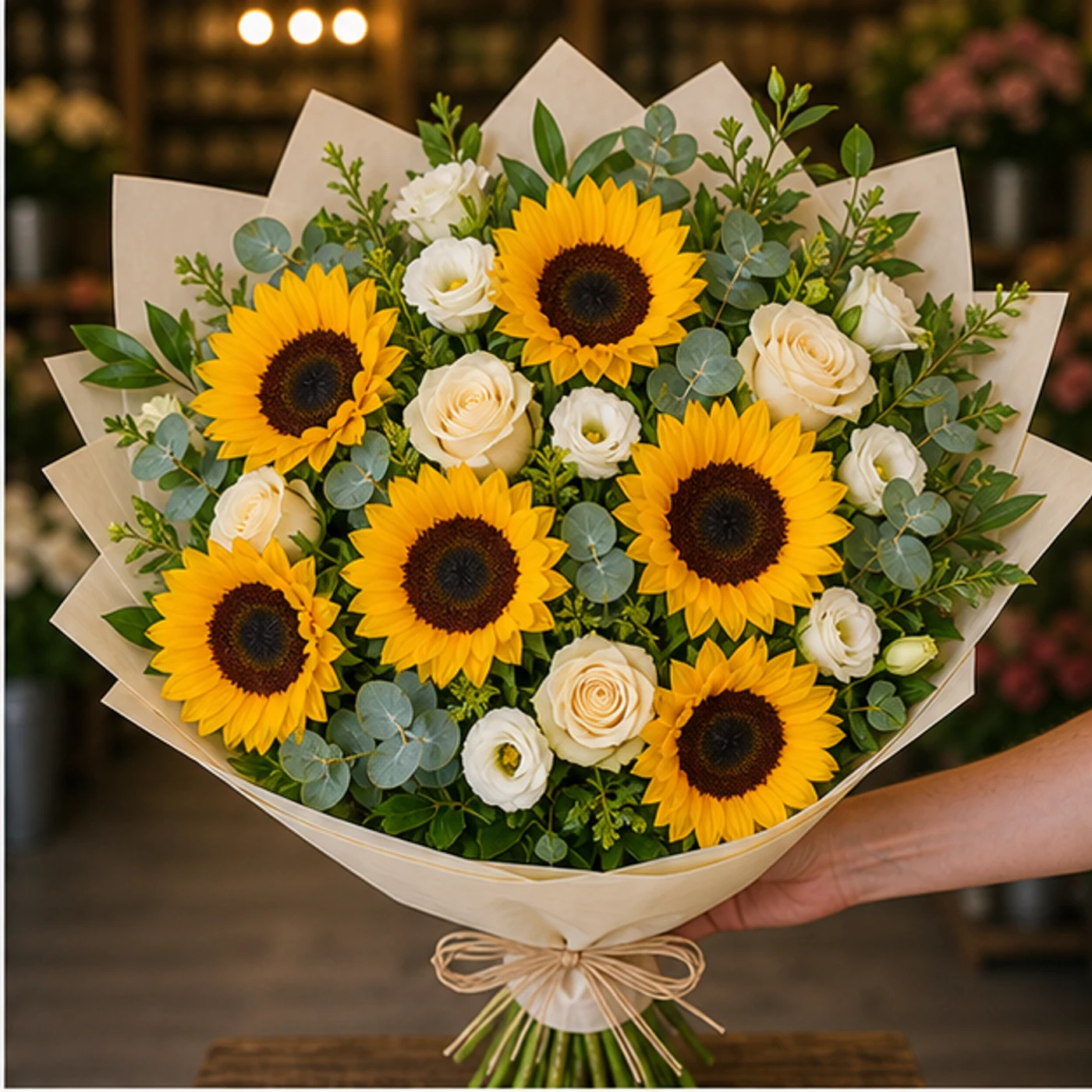 Buchet cu floarea-soarelui premium si trandafiri crem - poza 2
