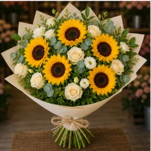 Buchet cu floarea-soarelui premium si trandafiri crem - poza 3
