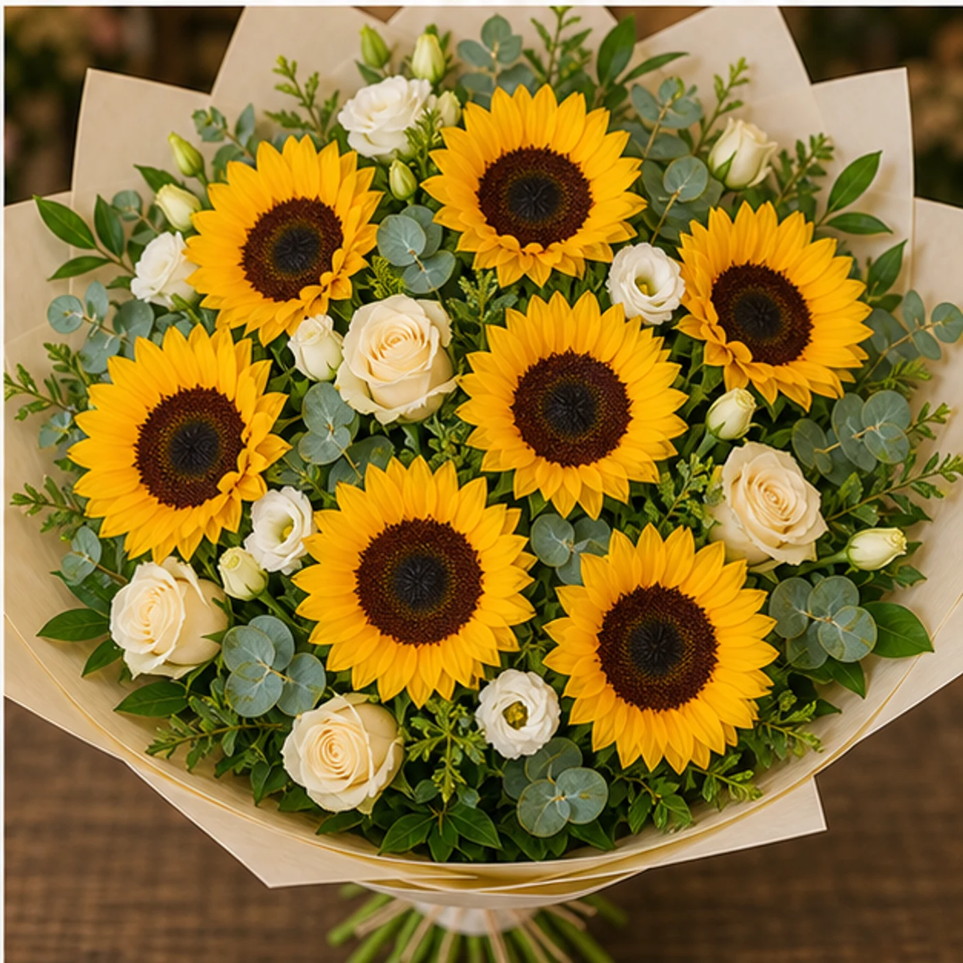 Buchet cu floarea-soarelui premium si trandafiri crem - poza 4