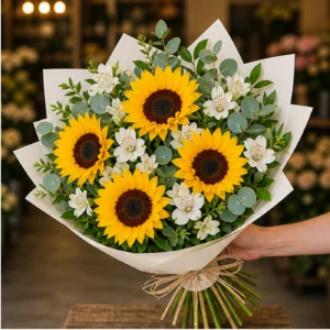 Buchet cu floarea-soarelui si alstroemeria alba - poza 2