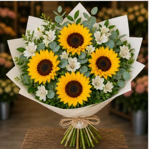 Buchet cu floarea-soarelui si alstroemeria alba - poza 3