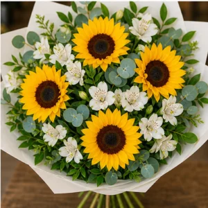Buchet cu floarea-soarelui si alstroemeria alba - poza 4