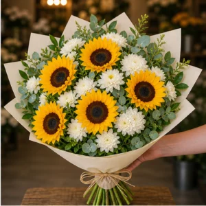 Buchet cu floarea-soarelui si crizanteme albe - poza 2