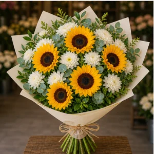 Buchet cu floarea-soarelui si crizanteme albe - poza 3