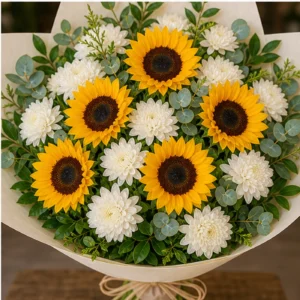 Buchet cu floarea-soarelui si crizanteme albe - poza 4
