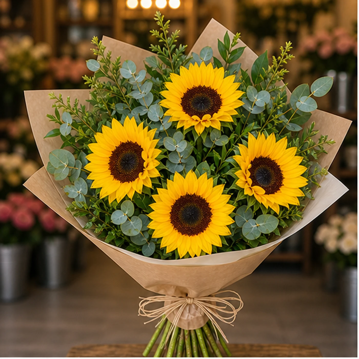 Buchet cu floarea-soarelui si eucalipt natural - poza 1