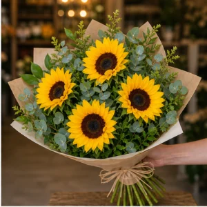 Buchet cu floarea-soarelui si eucalipt natural - poza 2