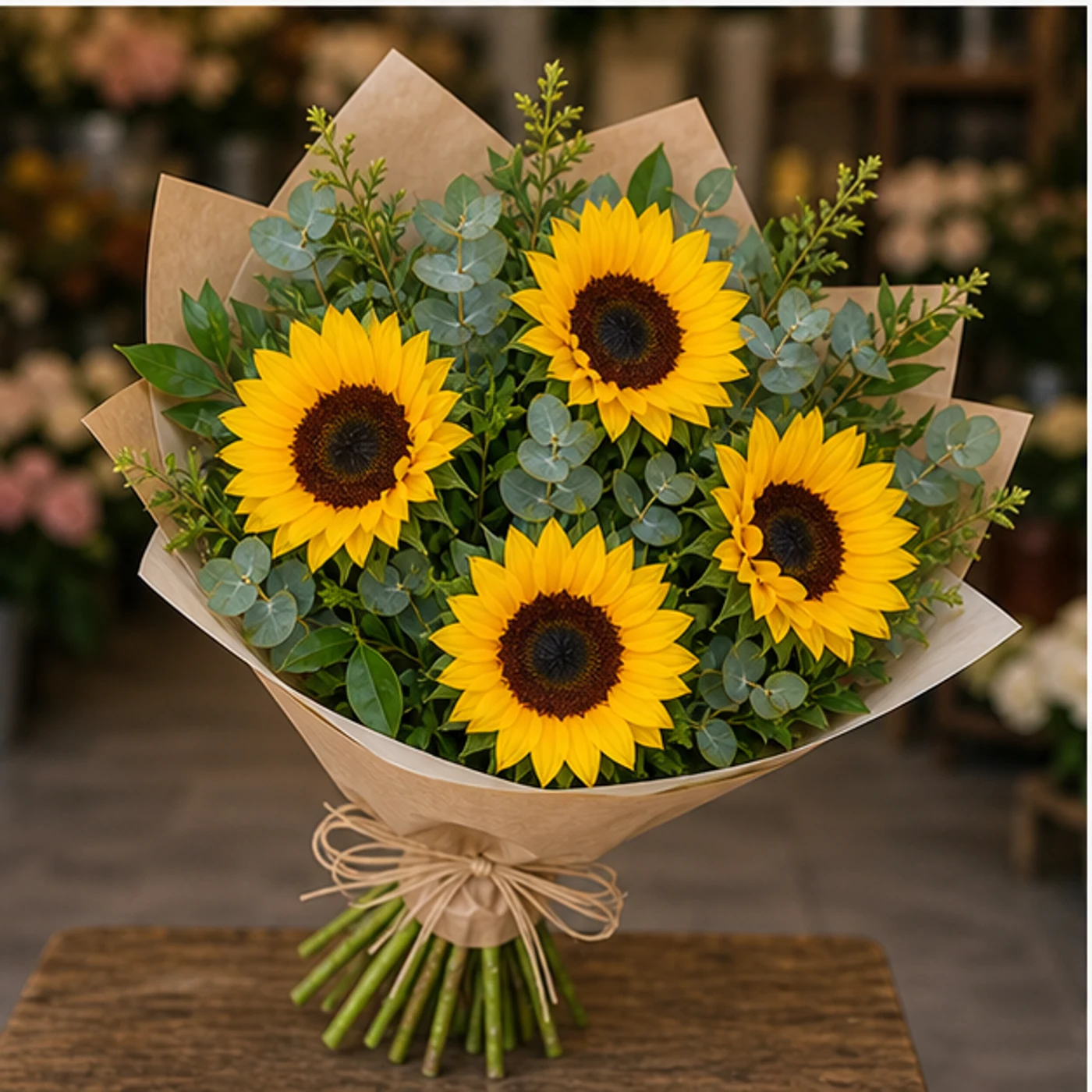 Buchet cu floarea-soarelui si eucalipt natural - poza 3